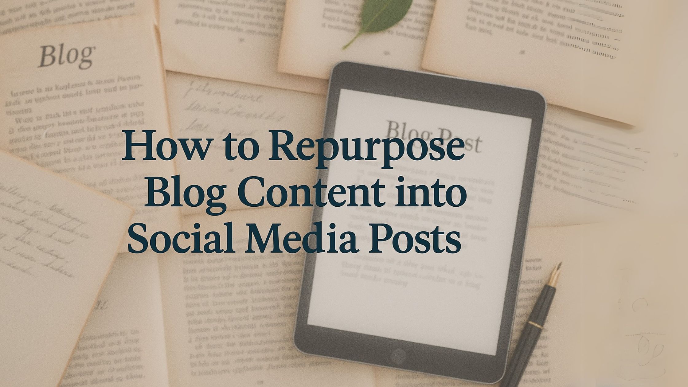 Blog title over blurred background of books and digital writing tools, representing repurposing content across formats.