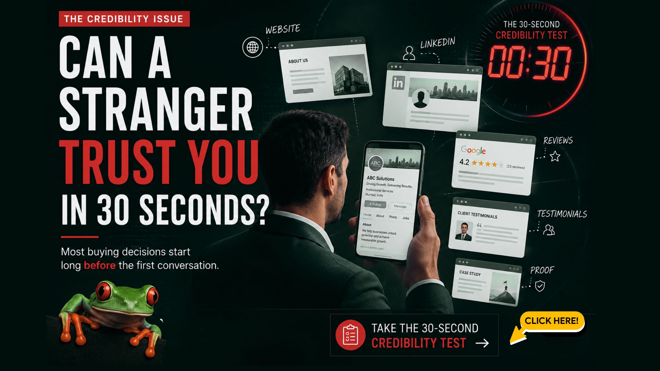 FrogJump credibility test header showing a business person checking online proof, website, LinkedIn and reviews before trusting a company.